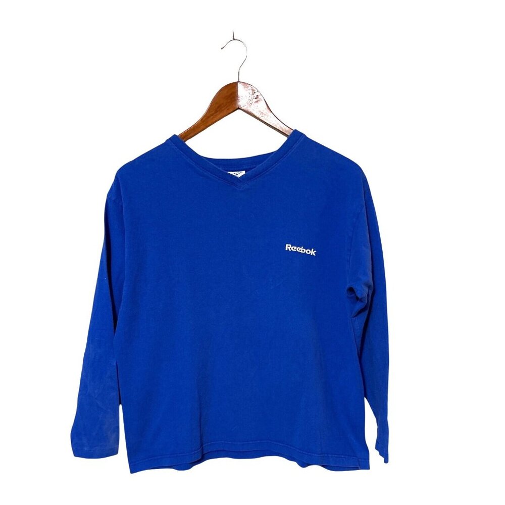 Vtg Reebok Blue Long Sleeve V-Neck Shirt For Men Cotton Casual Top Size M